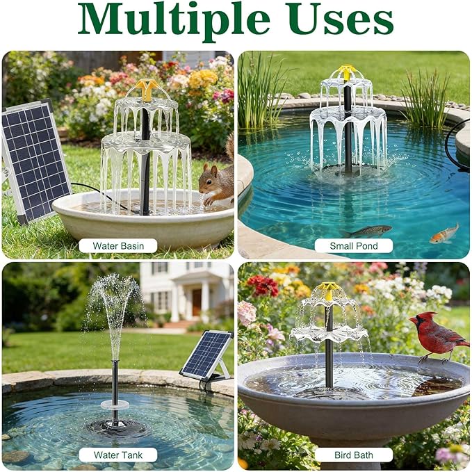 Solar Water Fountain, 6W Solar Bird Bath Fountain Pump with Color LED Lights, 3 Interchangeable Nozzles & Easy Installation, Solar Powered Fountain for Garden, Bird Bath, Patio, Yard, Pond