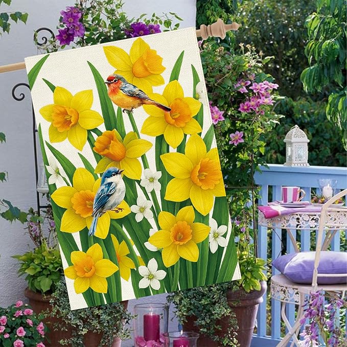 Baccessor Spring Summer Daffodils House Flag 28 x 40 Inch Double Sided Burlap Bluebirds Yellow Flower Green Leaf Farmhouse Large Yard Flag Summer Holiday Seasonal Outdoor Outside Decoration