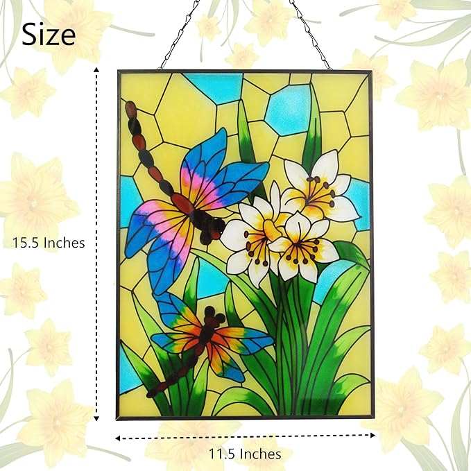 Stained Glass Window Hanging, Dragonfly Glass Art Decor, Sun Catchers Indoor Window, Valentine Rectangle Suncatchers for Windows Hanging, Stained Suncatcher for Room Balcony Garden Patio