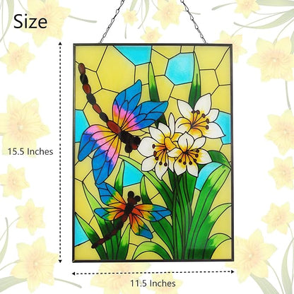 Stained Glass Window Hanging, Dragonfly Glass Art Decor, Sun Catchers Indoor Window, Valentine Rectangle Suncatchers for Windows Hanging, Stained Suncatcher for Room Balcony Garden Patio