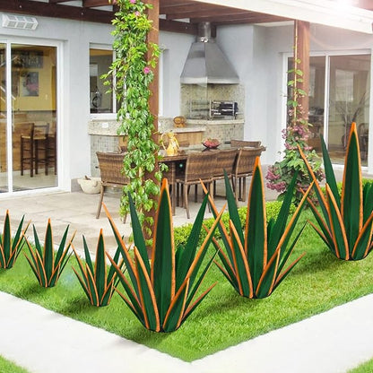 KODIBO Large Tequila Rustic Sculpture, Rustic Metal Plants for Outdoor Patio Yard, Home Decor Hand Painted Agave Garden Statue, Outdoor Lawn Ornaments Yard Stakes (Dark Green - L)