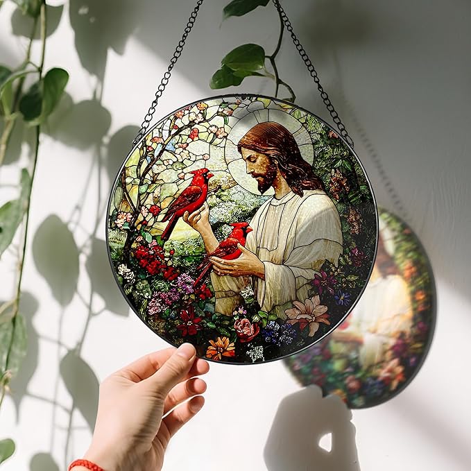 8-Inch Jesus with Cardinals Suncatcher Ornament, Stained Glass Window Hanging & Religious Christmas Ornament, Christian Window Decor — Memorial Gift, Christian Gifts for Her, Religious Gifts