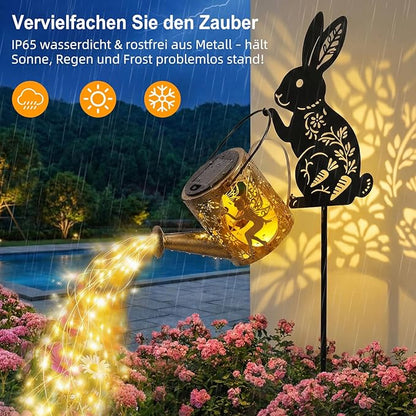 Solar Watering Can Light with Bunny Silhouette Stake & Fairy Design - Cascading LED String Light for Garden Yard Patio Decor, IP65 Waterproof Outdoor Gift for Mom, Women, Birthday, Housewarming