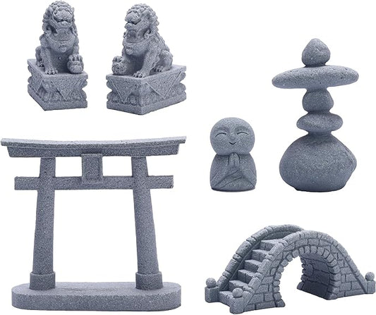 6 PCS Mini Zen Garden Accessories, Miniature Garden Bridge Foo Dogs Torii Gate Sandstone Figurines Meditation Zen Decor Japanese Fish Tank Terrarium Decorations Plant Pots Bonsai Craft Decor (M)