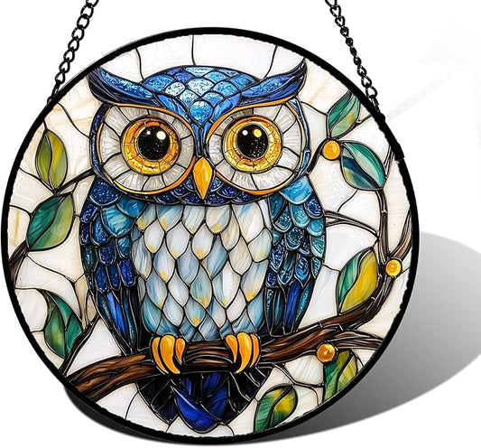 DASTOLL Stained Glass Window Hanging, Owl Gifts for Women Sun Catchers Diamond Glass Panel Hangings Birds Suncatcher Decor for Birthday for Women, Men, Wife, Aunt, and Mom 11.8x11.8 in