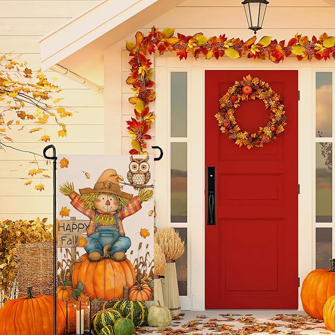 Happy Fall Pumpkins Scarecrow Garden Flags Double Sided Burlap Autumn Yellow Pumpkin Owl Yard Flag Seasonal Outside Patio Farmhouse Garden Yard Lawn Outdoor Decorative 12 x 18 Inch