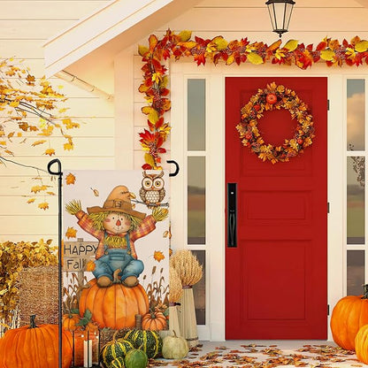Happy Fall Pumpkins Scarecrow Garden Flags Double Sided Burlap Autumn Yellow Pumpkin Owl Yard Flag Seasonal Outside Patio Farmhouse Garden Yard Lawn Outdoor Decorative 12 x 18 Inch