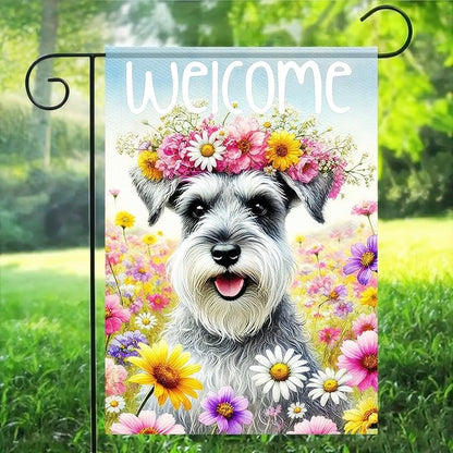 BlissYard Welcome Spring Summer Garden Flag 12 X18 Inch Double Sided FlowersDog Schnauzer Decorative Garden Flag Puppy Floral Seasonal Home Decor Banner for Oursid Outdoor Spring Garden Decor