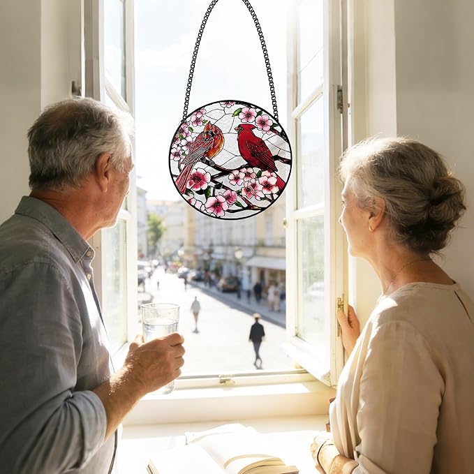 Stained Glass Window Hanging, Cardinal Sun Catchers Glass Panel Red Suncatcher Decor for Wife, Women, Men, Birthday, Aunt, Mom, Lovers, Home Garden 7.8 in
