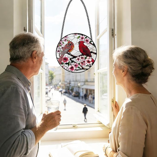 Stained Glass Window Hanging, Cardinal Sun Catchers Glass Panel Red Suncatcher Decor for Wife, Women, Men, Birthday, Aunt, Mom, Lovers, Home Garden 7.8 in