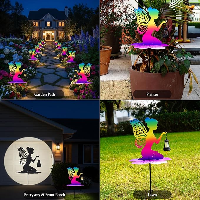 Rainbow Solar Fairy Garden Stake - 21" Iridescent Metal Fairy Silhouette with Warm LED Lantern, Waterproof Outdoor Decorative Light for Path, Yard, Flower Pot - Unique Gardening Gifts for Women/Mom