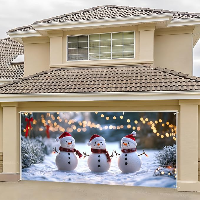 6 x 13 ft Christmas Garage Door Decorations Merry Christmas decorations Xmas Garage Door Cover, Happy New Year Hanging Banner for Home,Outdoor,Indoor,Party (Three Snowmen, 6 x 13 ft)
