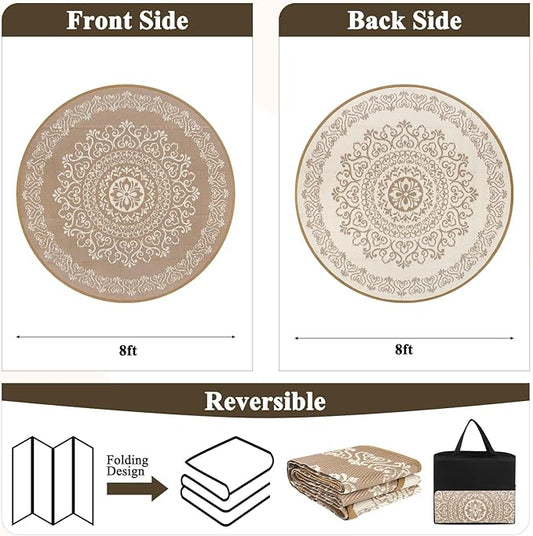 Pauwer Waterproof Outdoor Rug 8ft, Reversible Plastic Straw Patio Camping Rug, Indoor Outdoor RV Mat Carpet for Deck, Camper, Porch, Balcony, Backyard, Picnic, Floral Brown