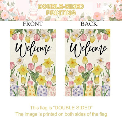 Baccessor Welcome Easter House Flag 28 x 40 Inch, Double Sided Burlap Tulip Daffodil Colorful Eggs Farmhouse Large Yard Flag Seasonal Holiday Spring Easter Outdoor Decor
