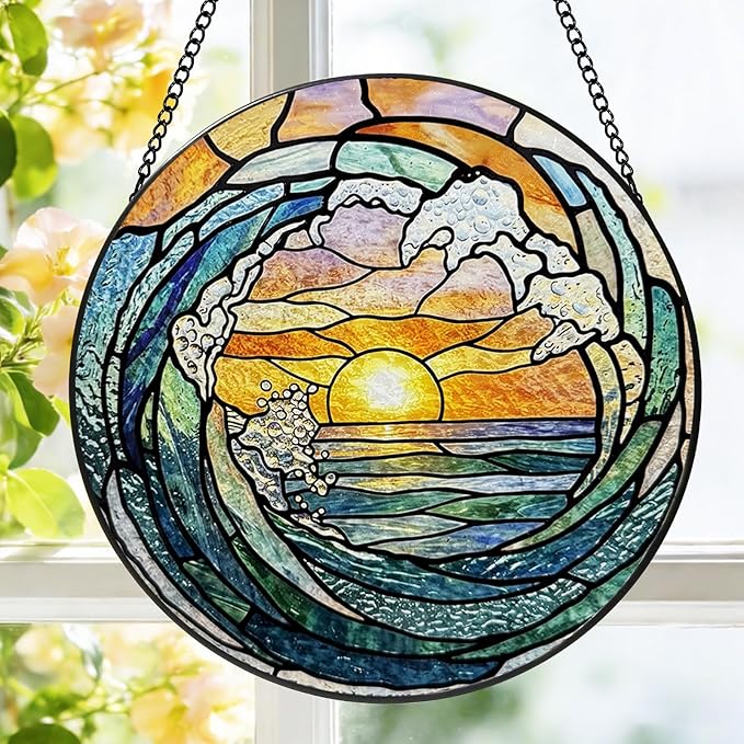 Stained Glass Window Hanging, 8 Inch Ocean Wave Suncatcher, Sun Catchers Indoor Window, Beach Coastal Suncatchers for Windows Hanging, Spring Home Garden Decor Panel, Beach Lover Gifts for Women Mom