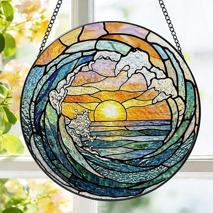 Stained Glass Window Hanging, 8 Inch Ocean Wave Suncatcher, Sun Catchers Indoor Window, Beach Coastal Suncatchers for Windows Hanging, Spring Home Garden Decor Panel, Beach Lover Gifts for Women Mom