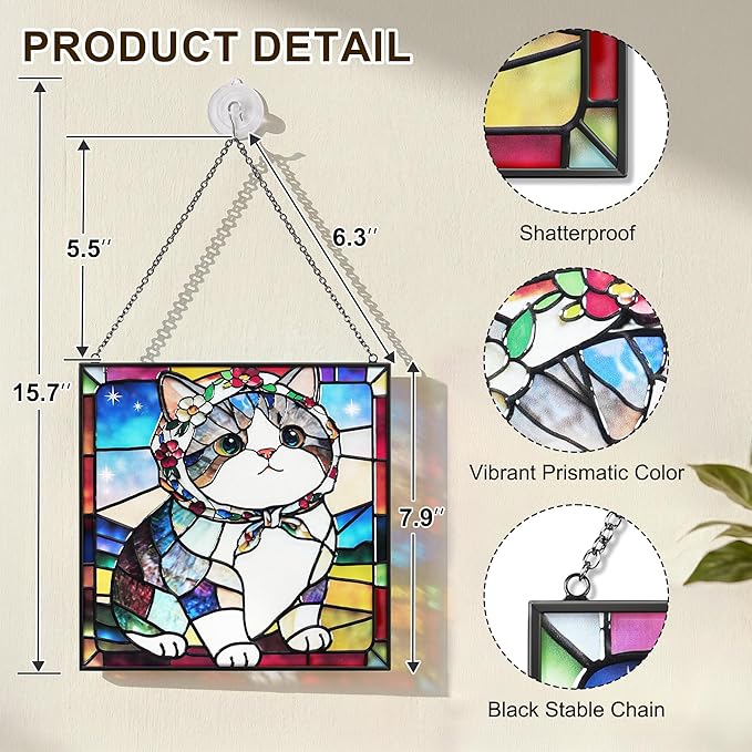 Cat Stained Glass Window Hanging, 7.9" Square Suncatcher with Chain Suction Cup, Cute Kitten Sun Catchers Indoor Window, Colorful Cat Decor for Wall, Porch, Birthday, Tuxedo Cat