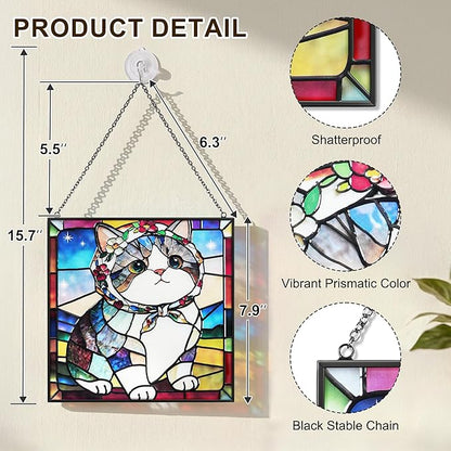 Cat Stained Glass Window Hanging, 7.9" Square Suncatcher with Chain Suction Cup, Cute Kitten Sun Catchers Indoor Window, Colorful Cat Decor for Wall, Porch, Birthday, Tuxedo Cat