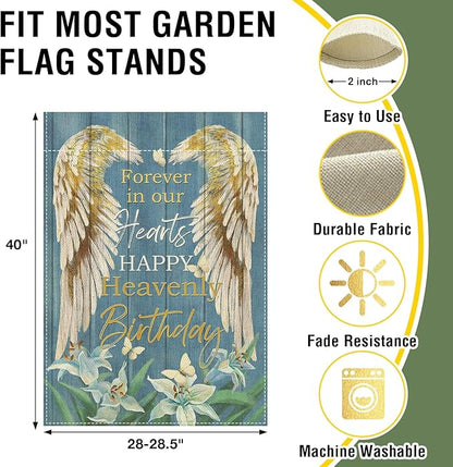 Artofy Memorial Forever in Our Hearts Wings Large Decorative House Flag, Happy Heavenly Birthday Lily Cemetery Yard Garden Outside Decor, Farmhouse Burlap Outdoor Home Decoration Double Sided 28 x 40