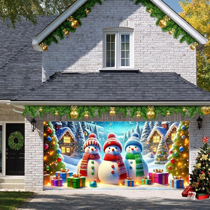 HOMETITUTE Christmas Garage Door Banner 13x6ft Snowman Winter Village Scene Holiday Backdrop Gift Box Snow Night Indoor Outdoor Wall Hanging Seasonal Party Decoration Festive Entry Porch