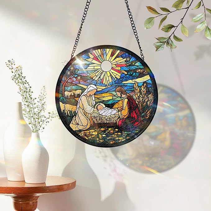 7.8 Inch Stained Glass Window Hanging Nativity Scene Sun Catcher Indoor Window Door Wall Yard Home Decor Colorful Glass Panel Suncatcher Religious Christian Gift for Women Men Mom Grandma