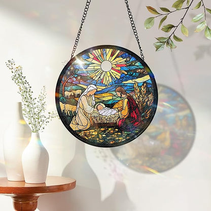 7.8 Inch Stained Glass Window Hanging Nativity Scene Sun Catcher Indoor Window Door Wall Yard Home Decor Colorful Glass Panel Suncatcher Religious Christian Gift for Women Men Mom Grandma