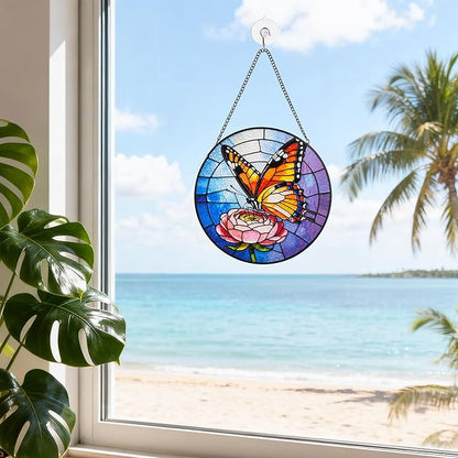 Stained Glass Window Hanging, Emperor Butterfly Circular Painted Glass Suncatcher with Chain & Suction Cup for Home Garden Door Decor, Birthday for Women Men Mom 7.8 in