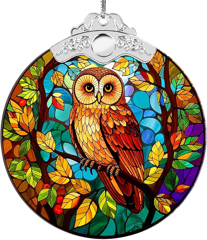 Faux Stained Glass Fall Suncatchers for Windows Hanging, Thanksgiving, Maple Leaf Suncatcher, 2D Acrylic Maple Leaves Fall Ornaments, Christmas Tree Decorations, Autumn Decor Party Supply (Autumn Owl)