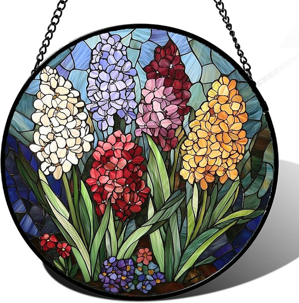 DASTOLL Stained Glass Window Hanging, Colorful Hyacinth Flowers Suncatcher for Doors Window Home Plant Sun Catchers Decoration Mother's Day Birthday Gifts for Women, Men, and Mom 7.8x7.8 in