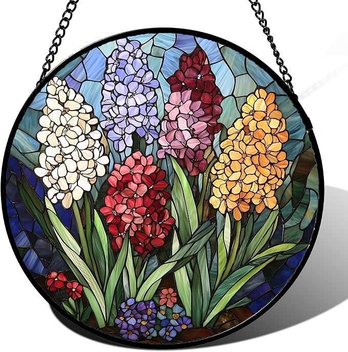 DASTOLL Stained Glass Window Hanging, Colorful Hyacinth Flowers Suncatcher for Doors Window Home Plant Sun Catchers Decoration Mother's Day Birthday Gifts for Women, Men, and Mom 6.3x6.3 in