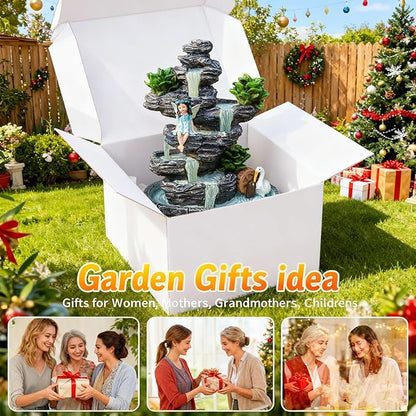 Fairy Garden Accessories Fairies Waterfall Solar Statues, 9" Waterproof Figurines Lights Outdoor House Decorations for Patio Lawn Porch Backyard, Gardening Birthday Gift for Women Kids Grandmom