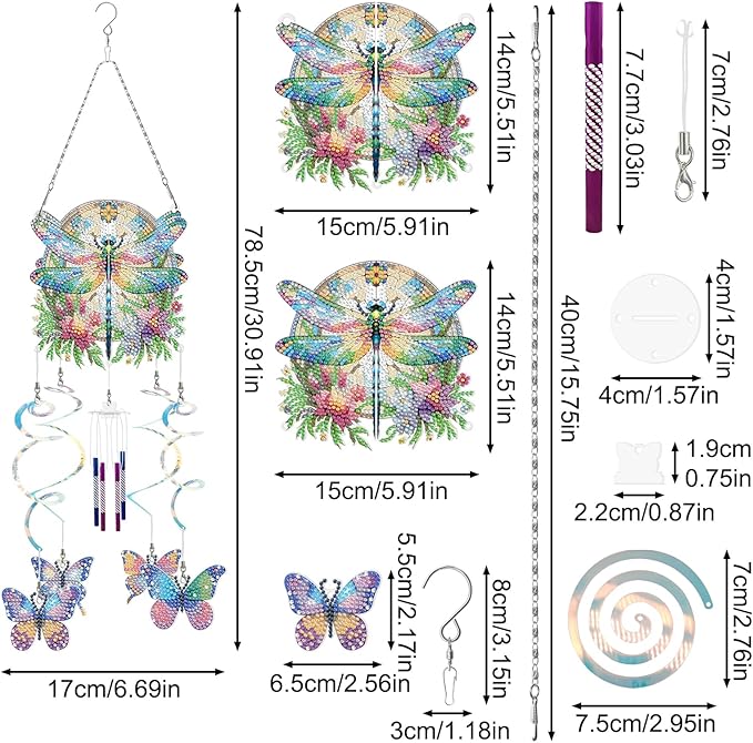 DIY Wind Chime Pendant Spring 3D Diamond Art Painting Hanging Ornament Double Sided Diamond Suncatchers for Window Home Backyard Garden Wall Door Decor-Dragonfly