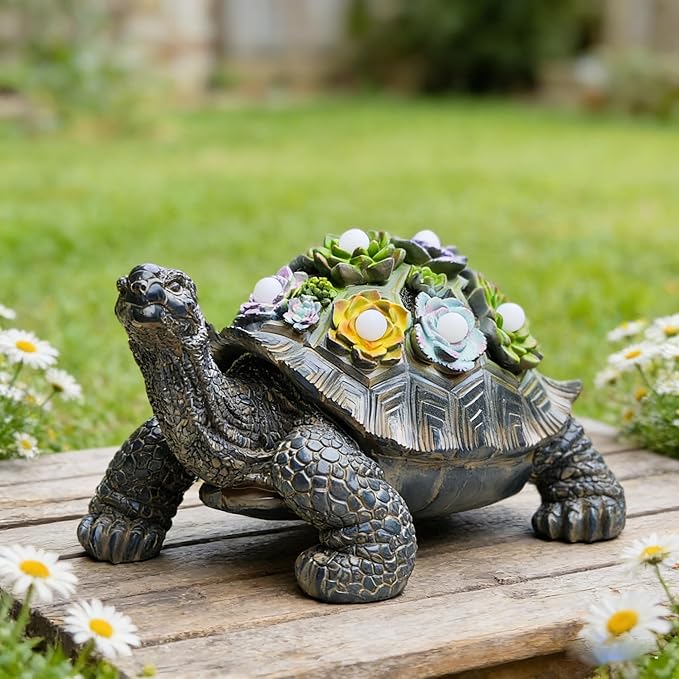 Solar Powered Succulent Turtle Statue, Resin Garden Decor with LED Lights, Waterproof Outdoor Ornament for Patio, Yard, Lawn, Porch, Unique Housewarming Gifts