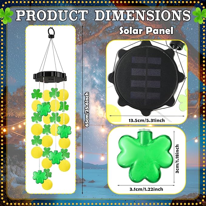 Shamrock Shell Solar Wind Chimes Outdoor with Shamrock Clover Design 27.5 Inch LED Shell Gradient Lights Hanging Decor for Garden, Yard, Patio, Porch
