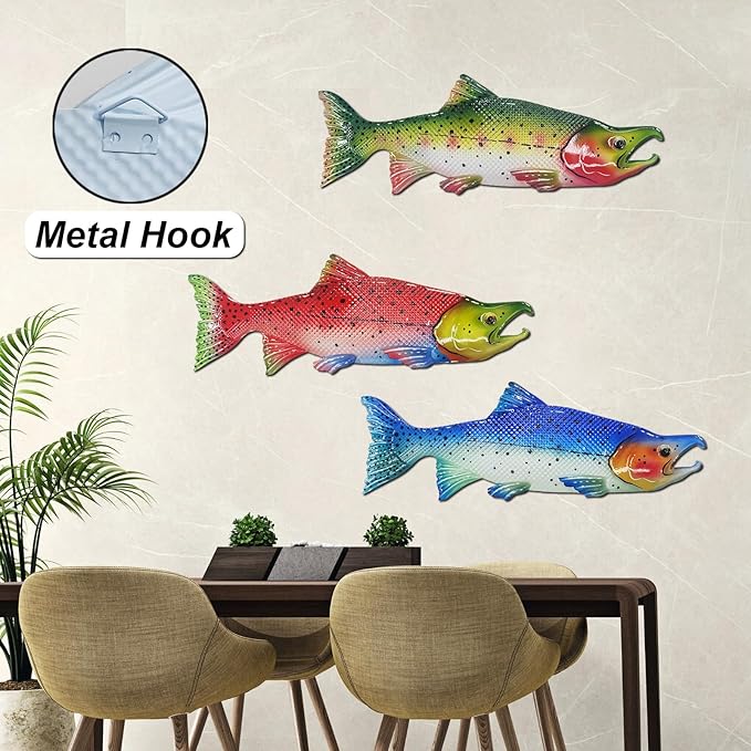 Metal Fish Wall Decor Outdoor Colorful Fish Coastal Ocean Sea Wall Art Sculptures Hanging Decorations for Bedroom, Living Room, Garden, Fence, Patio Set of 3