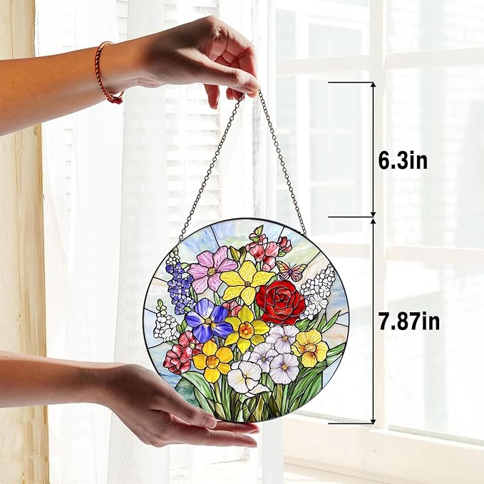 Stained Glass Window Hanging, Colorful Floral with Butterfly Glass Panel Suncatcher Hangings Sun Catchers Garden Decor for Birthday for Women, Men Mom 7.8 in