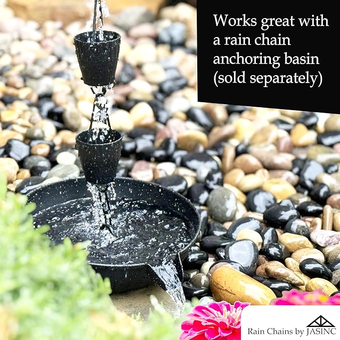 8.5 ft Ruffle Cups Hammered Black Powder Coated Aluminum, to Replace Roof Gutter Downspout, with Installation Kit, Rainwater Catcher/Water Diverter, JAS3003BLK