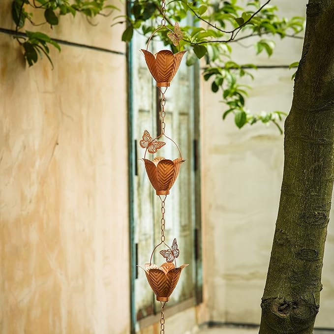Topadorn 8.7 FT Rain Chain Iron Butterfly Gutter Chains with 10 Rain Collector Thick Iron Flower Cups Garden Decoration