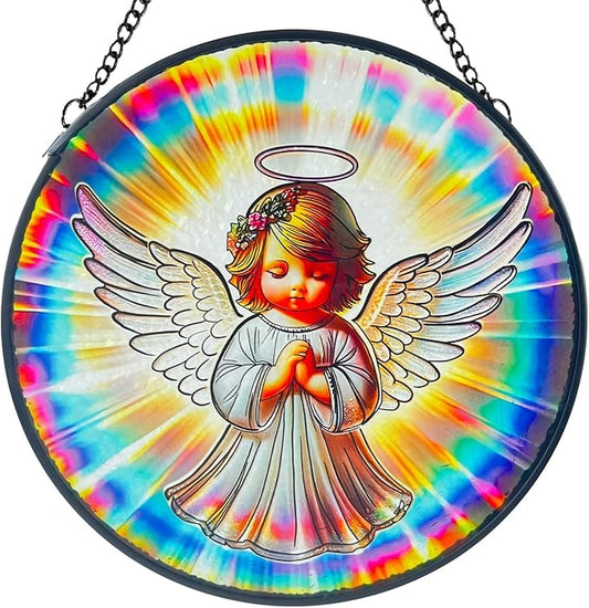 Praying Angel Decor Handmade Stained Glass Rainbow Maker Stained Glass Suncatchers W/Metal Chain - Spiritual Angelic Gift for Women Christmas Thanksgiving Housewarming Gifts