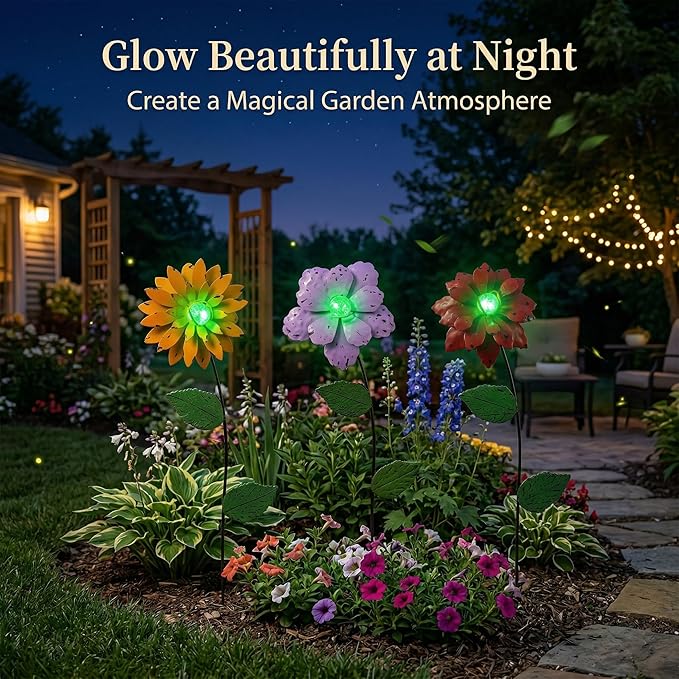 3 Pack Floral Garden Stake Decor, Glow in Dark Shaking Head Outdoor Plant Pick Water Proof Metal Flower Stick for Lawn Yard Patio Pathway Ornament