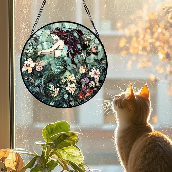Stained Glass Window Hanging - Teal Sleeping Mermaid Suncatcher for Door Terrace Garden Home Decor, Sea of Flowers Sun Catcher Birthday Gifts for Lovers Women Men Dad Mom Nana 7.8 in