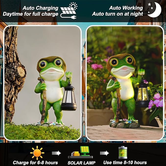 twinbling Solar Frog Garden Decor with Lantern Outdoor Statue for Patio Pathway Frog Figurine for Yard Decoration Lawn Ornament Gardening Gifts for Women Mom Grandma