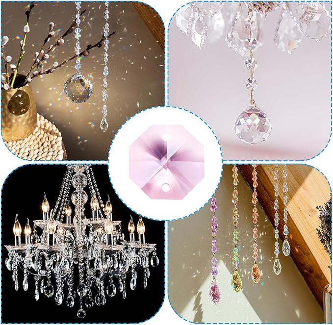 PATIKIL K9 Crystal Octagon Beads 2 Holes Pendants, 60 Pack 14mm Chandelier Prisms Parts Ornaments Hanging Beads for DIY Arts Crafts Decoration, Pink