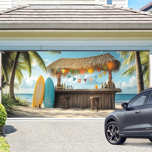ANNA QUEEN Tiki Bar Garage Door Banner 6 x 13FT, Tropical Beach Surf Scene with Palm Trees and Surfboards,Outdoor Garage Decoration for Summer Parties Home Decor