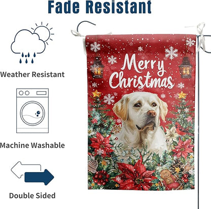 Christmas White Lab Garden Flag Merry Christmas Labrador Dog Yard Flag for Outside Xmas Flags 12x18 Double Sided Red Poinsettia Garden Flags Winter Porch Outdoor Decor