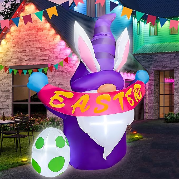 4FT Easter Inflatables Outdoor Decoration Purple Gnome, LED Lighted Inflatables Gnome for Home Yard Lawn Garden Easter Blow up Yard Decorations
