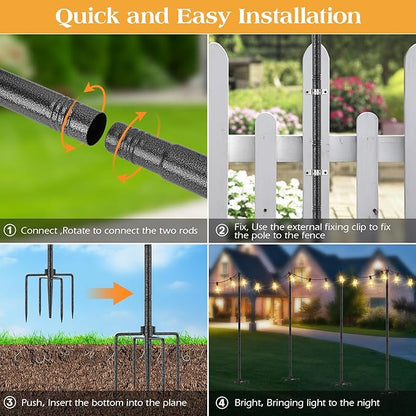 StarryEver 2 Pack Outdoor String Light Poles, Metal Lights Hanging Pole with 2 Hooks and Rustproof, for Patio Garden Deck Backyard Lawn Sunshade and Decor
