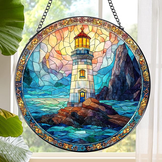 Rngmsi Stained Glass Window Hanging, 7.8″ Pauyadu Lighthouse Sun Catchers with Hook Indoor Window Decor, Decorative Suncatchers Hanging Ornaments Home Garden Art Gift for Housewarming