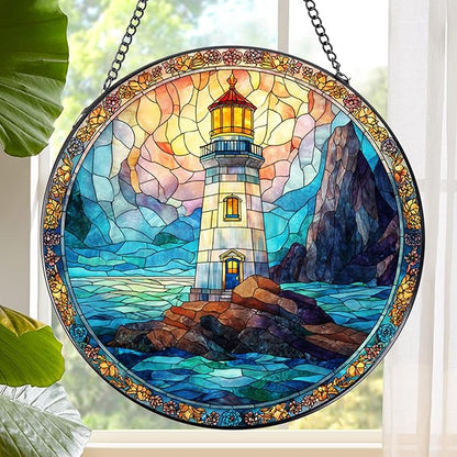 Rngmsi Stained Glass Window Hanging, 7.8″ Pauyadu Lighthouse Sun Catchers with Hook Indoor Window Decor, Decorative Suncatchers Hanging Ornaments Home Garden Art Gift for Housewarming