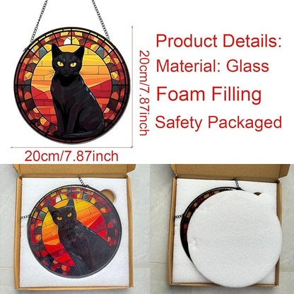 Black Cat Stained Glass Window Hanging,7.87’’ Stained Glass Suncatcher for Window for Cat Lovers,Hanging Ornaments Round Women Gifts for Family Friends, Housewarming Gift (B Style)
